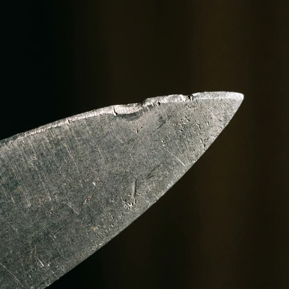 Macro photo of a dull, rolled knife edge