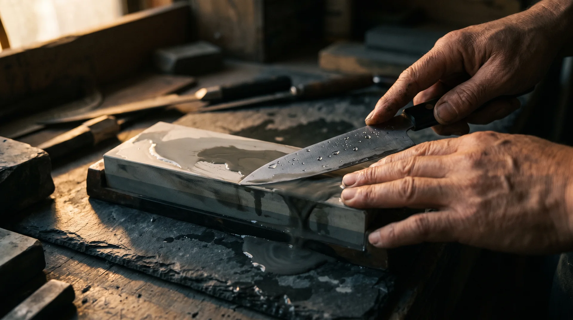 Hands drawing a chef's knife across a wet Japanese whetstone, water and slurry on the stone, in warm workshop light